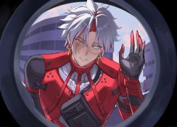 1boy burn_scar commentary_request cross cross_earrings earrings hand_up heterochromia highres jacket jewelry looking_at_viewer male_focus parted_lips pov_peephole red_eyes red_hair red_jacket scar scar_(wuthering_waves) scar_across_eye scar_on_face short_hair smile solo wa_serin white_eyes white_hair wuthering_waves