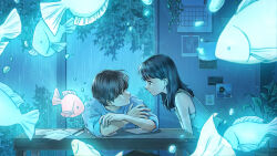 Rule 34 | 1boy, 1girl, absurdres, black hair, blue shirt, bra, bra peek, brown hair, calendar (object), closed mouth, commentary, commentary request, crossed arms, english commentary, expressionless, eye contact, fantasy, fish, from side, glowing animal, green shirt, green tank top, highres, indoors, korean commentary, leaning forward, long hair, long sleeves, looking at another, mixed-language commentary, night, original, pants, paper, pencil, photo (object), plant, potted plant, rain, shirt, short hair, sitting, sleeveless, sleeveless shirt, sleeves rolled up, standing, straight hair, table, tank top, tape, toti (lanaq), transparent animal, tree, underwear, vines, water drop, white bra, window, wooden table