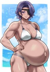 1girl amalia_(unicorn_overlord) breasts cleavage cowboy_shot day eyepatch eyeshadow hand_on_own_hip highres large_breasts makeup muscular muscular_female outdoors pregnant purple_eyes purple_eyeshadow purple_hair purple_lips rotomdocs short_hair solo sommie_(fire_emblem) unicorn_overlord