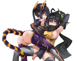 1futa 1girl 41_(chvinyau) absurdres ahoge anus armpits arms_behind_head ass bare_shoulders black_hair black_shirt blonde_hair breasts commentary duel_monster forehead_protector futa_with_female futanari green_eyes headgear high_ponytail highres i:p_masquerena large_breasts long_hair looking_at_viewer medium_breasts medium_penis multicolored_hair nipples penis ponytail purple_eyes purple_thighhighs pussy s-force_rappa_chiyomaru s:p_little_knight shirt simple_background streaked_hair sweat thighhighs twintails two-tone_hair white_background yellow_shirt yu-gi-oh!