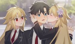 1girl 2girls antenna_hair archetype_earth archetype_earth_(third_ascension) arcueid_brunestud black_hair blonde_hair blue_eyes blurry blurry_background collared_shirt depth_of_field fate/grand_order fate_(series) flower fujimaru_ritsuka_(male) hair_flower hair_ornament hand_on_another&#039;s_head highres holding_hands kiss kissing_cheek long_hair multiple_girls necktie outdoors red_eyes red_necktie school_uniform shirt short_hair wing_collar yu_sakae