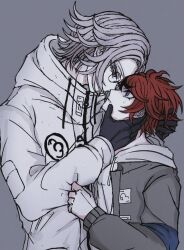 2boys aotsuki_eito black_gloves black_hair blue_eyes blue_jacket covered_mouth eye_contact frown glasses gloves grabbing_another&#039;s_arm grabbing_another&#039;s_chin grey_hair grey_jacket hair_over_mouth hand_in_another&#039;s_hair hand_on_another&#039;s_chin head_grab height_difference high_collar hood hooded_jacket hoodie jacket long_sleeves looking_at_another looking_down looking_up multicolored_hair multicolored_jacket multiple_boys open_clothes open_jacket red_hair round_eyewear shi_gu_(sigu_69) shirt short_hair streaked_hair sumino_takumi sweatdrop the_hundred_line_-last_defense_academy- white_hood white_hoodie white_jacket white_shirt yaoi