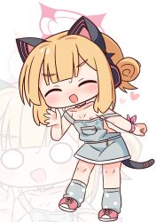 1girl :d ^_^ animal_ear_headphones animal_ears bare_shoulders blonde_hair blue_archive blush breasts chibi closed_eyes collarbone facing_viewer fake_animal_ears grey_socks hair_bun halo hana_kazari hand_up headphones heart highres loli momoi_(blue_archive) multiple_views nipples o_o open_mouth overall_skirt pink_shoes polka_dot_socks shoes simple_background single_side_bun small_breasts smile socks strap_slip sweat tail white_background zoom_layer