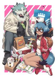 1boy 1girl animal_nose ball basketball_(object) body_fur border brand_new_animal brown_fur burger_king chewing cup disposable_coffee_cup disposable_cup eating fast_food food food_in_mouth food_on_face furry furry_female furry_male highres jacket kagemori_michiru kfc looking_at_viewer ogami_shirou raccoon_girl red_jacket shirt subway_(company) tail tanuki white_border white_shirt wolf_boy yow