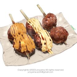 artist_name copyright_notice email_address food food_focus highres meat no_humans original sauce simple_background skewer takoyaki uroyama_(macrophage) white_background