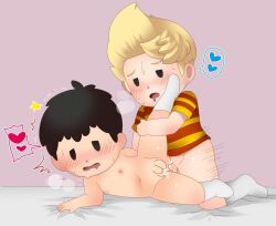 anal bare_legs bed black_hair blonde_hair blush child completely_nude cum cum_on_ass cum_on_body elementary_schoolboy groin heart humming kodomo_doushi leg_up legs lucas_(mother_3) male_focus mother_(series) mother_2 mother_3 ness_(mother_2) nintendo nipples no_male_underwear nude on_bed penis saliva sex shirt shota shota_on_shota sjsj_10 socks_only super_smash_bros. sweat sweatdrop yaoi