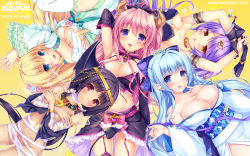 5girls :d ;) aoi_miyabi aqua_hair arisegawa_arle ayasaki_yuu bandages black_hair blonde_hair blue_eyes blunt_bangs blush boku_to_koi_suru_ponkotsu_akuma. braid breasts bustier cape cleavage company_name convenient_censoring copyright_name demon_horns detached_sleeves dress fujima_emiri gloves hair_intakes hair_ornament hat highres horns kiritani_riria large_breasts long_hair looking_at_viewer lying medium_breasts multiple_girls one_eye_closed open_mouth pink_hair ponytail purple_eyes purple_hair red_eyes ribbon same_face sayori_(neko_works) short_hair small_breasts smile swept_bangs third-party_source twintails witch_hat yellow_eyes