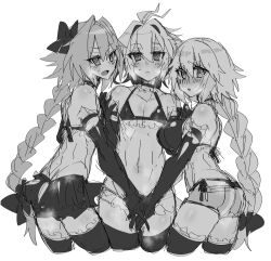 1girl 2boys androgynous antenna_hair astolfo_(fate) bikini black_bikini black_bow bow braid breasts crossdressing crossdressing_(mtf) fate/apocrypha fate_(series) frilled_thighhighs frills hair_between_eyes hair_bow hair_intakes haoro jeanne_d&#039;arc_(fate) large_breasts long_braid long_hair monochrome multiple_boys multiple_hair_bows short_hair sieg_(fate) simple_background single_braid sketch swimsuit thighhighs trap trap_on_female trap_on_trap very_long_hair white_background