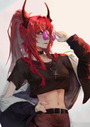 Rule 34 | 1girl, absurdres, adjusting eyewear, arknights, belt, black choker, black jacket, black shirt, choker, closed mouth, cowboy shot, cross, cross necklace, demon horns, hair intakes, hand on own hip, hand up, highres, horns, jacket, jewelry, long hair, looking at viewer, navel, necklace, official alternate costume, open clothes, open jacket, ponytail, purple eyes, red hair, red skirt, ring, shirt, short sleeves, skirt, solo, surtr (arknights), surtr (liberte echec) (arknights), tometome1342