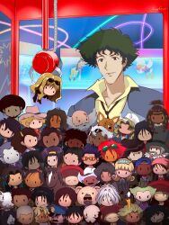 abdul_hakim andy_von_de_oniyate asimov_solensan beard cat character_doll character_request chessmaster_hex cigarette cowboy_bebop cowboy_hat crane_game doohan_(cowboy_bebop) edward_wong_hau_pepelu_tivrusky_iv ein_(cowboy_bebop) electra_ovilo everyone facial_hair faye_valentine grencia_mars_elijah_guo_eckener hairband hat highres horse jet_black judy_(cowboy_bebop) julia_(cowboy_bebop) julius_(cowboy_bebop) katerina_solensan lucyguusi mad_pierrot mustache orange_hair pao_pu-zi punch_(cowboy_bebop) purple_hair scar scar_across_eye scar_on_face shirt spike_spiegel stuffed_toy sunglasses ted_bowder vicious_(cowboy_bebop) victoria_terpsichore welsh_corgi yellow_hairband yellow_shirt