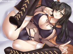 1girl alternate_breast_size bed_sheet black_boots black_cape black_dress black_hair black_panties blunt_ends boots breasts cameltoe cape cleavage commentary_request commission curvy dress dutch_angle eyes_visible_through_hair fingernails from_above fuyukichi_(nikoniko1567) hair_between_eyes halloween_costume hands_up high_heel_boots high_heels huge_breasts index_finger_raised knees_out_of_frame lace-up_boots large_breasts lips long_hair looking_at_viewer lying navel neck_ribbon official_alternate_costume official_alternate_hairstyle on_back one_side_up orange_cape paid_reward_available panties parted_lips red_ribbon ribbon sanoba_witch seductive_smile shiny_skin sidelocks skeb_commission sleeveless sleeveless_dress smile solo spread_legs straight_hair thigh_boots thighs togakushi_touko twitter_username two-sided_cape two-sided_fabric underwear yellow_eyes