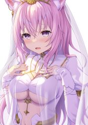 1girl alternate_costume animal_ear_fluff animal_ears blush breasts cat_ears cleavage cosplay cosplay_request detached_sleeves dress hair_between_eyes hands_up headpiece highres hololive large_breasts long_sleeves navel nekomata_okayu open_mouth pink_hair puffy_short_sleeves puffy_sleeves purple_eyes see-through_clothes short_sleeves simple_background solo upper_body veil virtual_youtuber white_background white_dress white_sleeves yuusa