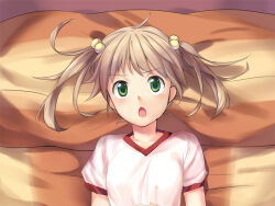 1girl :o artist_request blonde_hair blush game_cg green_eyes hair_bobbles hair_ornament ibarazaki_emi katawa_shoujo medium_hair non-web_source official_art open_mouth shirt short_sleeves solo twintails variant_set white_shirt