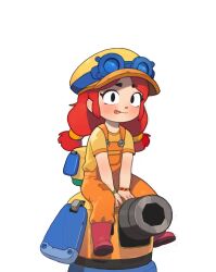 1girl black_eyes blush boots bracelet brawl_stars cannon child closed_mouth full_body goggles goggles_on_headwear hat highres jessie_(brawl_stars) jewelry long_hair looking_at_viewer orange_overalls overalls possummachine red_hair shirt short_sleeves simple_background sitting smile solo tongue tongue_out twintails white_background yellow_hat yellow_shirt