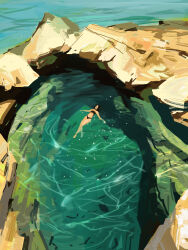 Rule 34 | 1girl, absurdres, archdrawsalot, bikini, black hair, caustics, cave, day, faceless, from above, highres, knees together feet apart, light particles, lying, ocean, on back, original, outdoors, outstretched arms, partially submerged, pool, rock, solo, swimming, swimsuit