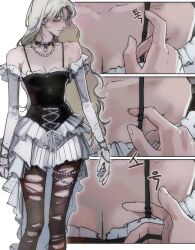 2girls black_corset black_pantyhose breasts cleavage commentary_request corset elbow_gloves eriol_s2 gloves highres jewelry korean_commentary long_hair multiple_girls necklace original pantyhose parted_lips skirt strap_pull torn_clothes torn_pantyhose white_gloves white_hair white_skirt yuri