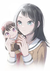 1girl absurdres anger_vein bang_dream! bang_dream!_it&#039;s_mygo!!!!! black_hair character_doll closed_mouth commentary dress fat123 green_eyes highres long_sleeves medium_hair neck red_ribbon ribbon sailor_collar sailor_dress shiina_taki solo upper_body white_sailor_collar yahata_umiri