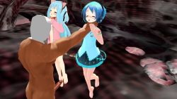 1boy 2girls 3d age_difference asphyxiation bad_end barefoot blue_hair blush closed_eyes clothed_female_nude_male defeat diamond_chan dungeon dying full_body hanged hatsune_miku highres legs loli mikumikudance miniskirt monster multiple_girls nature neck_grab nude open_mouth pain penis ryona size_difference skirt strangling torture unconscious vocaloid