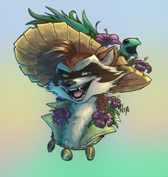 1boy animal_ears artist_name commentary english_commentary fangs furry furry_male guardians_of_the_galaxy hat head_only highres jewelry looking_up male_focus marvel marvel_cinematic_universe marvel_rivals mystic_nix_art necklace open_mouth raccoon_boy raccoon_ears rocket_raccoon rocket_raccoon_(sunshine_raccoon)_(marvel_rivals) straw_hat whiskers
