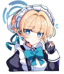 1girl apron black_dress black_gloves blonde_hair blue_archive blue_bow blue_bowtie blue_halo blush bow bowtie closed_mouth commentary cropped_torso dress fingerless_gloves flying_sweatdrops gloves halo hand_up highres long_sleeves looking_at_viewer maid maid_headdress shirocha_tei short_hair simple_background solo toki_(blue_archive) twitter_username v white_apron white_background