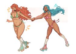 2girls bikini blue_hair breasts dannymans66 dark-skinned_female dark_skin highres long_hair medium_breasts multiple_girls nami_(one_piece) nefertari_vivi one_piece open_mouth orange_hair roller_skates shoulder_tattoo skates smile swimsuit tagme tattoo teeth thighs upper_teeth_only