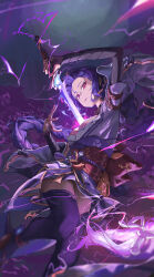 Rule 34 | 1girl, absurdres, arm up, armor, asymmetrical sleeves, back bow, bangs pinned back, black thighhighs, blurry, blurry foreground, bow, braid, breasts, bridal gauntlets, electricity, fan hair ornament, floating, flower, from below, from side, genshin impact, glowing, glowing hair, glowing sword, glowing weapon, gradient background, gradient hair, hair flowing over, hair ornament, highres, holding, holding sword, holding weapon, hone (hone art), human scabbard, japanese clothes, katana, kimono, large breasts, long braid, long hair, looking at viewer, looking down, low-braided long hair, low-tied long hair, mitsudomoe (shape), mole, mole under eye, multicolored hair, musou isshin (genshin impact), open mouth, purple background, purple eyes, purple flower, purple hair, purple kimono, purple ribbon, raiden shogun, red sash, ribbon, sash, shade, single braid, solo, sword, thighhighs, tomoe (symbol), uneven sleeves, weapon, wide sleeves