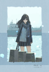 1girl absurdres black_eyes black_hair black_jacket black_skirt blue_scarf day grey_skirt highres hua_ming_wink jacket long_hair multicolored_skirt ocean original outdoors scarf school_uniform ship skirt solo water watercraft