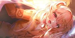 Rule 34 | 1girl, blonde hair, blush, breasts, collarbone, commission, fang, hair ornament, hair ribbon, indie virtual youtuber, indoors, long hair, looking at viewer, lying, mitsuboshi lisa, on side, open mouth, pillow, red eyes, ribbon, shirt, skeb commission, small breasts, solo, star (symbol), star hair ornament, two side up, virtual youtuber, yellow ribbon, yellow shirt, yuuri (0914yuuri k)