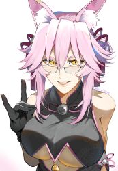 1girl absurdres animal_ear_fluff animal_ears artist_name bare_shoulders black_dress black_gloves breasts center_opening china_dress chinese_clothes clothing_cutout dress fate/grand_order fate_(series) fox_ears fox_girl fox_shadow_puppet fox_tail glasses gloves hair_between_eyes hair_bun highres kimyona_jagariko koyanskaya_(chinese_lostbelt_outfit)_(fate) koyanskaya_(fate) large_breasts lips long_hair looking_at_viewer parted_lips pink_hair shadow smile solo tail tamamo_(fate) teeth underboob underboob_cutout white-framed_eyewear
