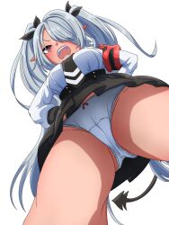 1girl armband black_necktie black_ribbon black_skirt black_tail blue_archive blush bow bow_panties breasts cameltoe crotch_seam demon_tail extended_upskirt from_below grey_hair hair_over_one_eye hair_ribbon high-waist_skirt highres iori_(blue_archive) kirisame0729 legs_apart medium_breasts necktie open_mouth panties pantyshot pointy_ears red_eyes ribbon shirt shouting simple_background skirt solo standing tail teeth twintails underwear upskirt white_background white_panties white_shirt