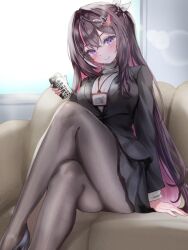 0806ohji 1girl alternate_costume azki_(hololive) black_pantyhose black_shoes black_suit blush breasts brown_hair can coffee colored_inner_hair crossed_legs formal_clothes hair_ornament hairpin high_heels highres holding holding_can hololive id_card large_breasts long_hair multicolored_hair pantyhose pink_hair purple_eyes shoes smile solo suit sweater turtleneck turtleneck_sweater very_long_hair virtual_youtuber white_sweater