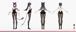 Rule 34 | 1girl, a-pose, absurdres, aether gazer, animal ear fluff, animal ears, ass, bastet (aether gazer), black hair, black leotard, black pantyhose, blue eyes, breasts, colored inner hair, concept art, full body, highres, leotard, medium breasts, mek, multicolored hair, multiple views, official alternate costume, pantyhose, pink hair, playboy bunny, solo, tail, wrist cuffs, yellow eyes