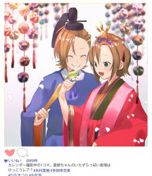 2girls bird bird_on_hand blue_eyes border closed_eyes fake_screenshot grin hinamatsuri holding idolmaster idolmaster_cinderella_girls kimura_natsuki kojijima multiple_girls open_mouth short_hair smile social_media_composition tada_riina translation_request wide_sleeves