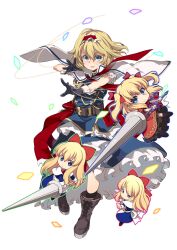 1girl adapted_costume alice_margatroid belt black_gloves blonde_hair blue_eyes blue_skirt boots bow brown_boots capelet closed_mouth doll frilled_hairband frilled_skirt frills full_body game_cg gloves hair_bow hairband hakurei_frontier_spell_strive highres holding holding_polearm holding_weapon inagata lance lolita_hairband long_hair looking_at_viewer official_art open_mouth polearm puppet_strings red_bow red_hairband shanghai_doll short_sleeves skirt smile solo third-party_source touhou transparent_background weapon white_capelet wrist_cuffs