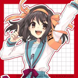 1girl arm_up armband artist_name blue_sailor_collar blue_skirt brown_eyes brown_hair collarbone hair_ribbon hairband hand_up ito_noizi kita_high_school_uniform looking_at_viewer medium_hair official_art orange_armband orange_hairband orange_ribbon ribbon sailor_collar school_uniform second-party_source serafuku skirt solo suzumiya_haruhi suzumiya_haruhi_no_yuuutsu watermark winter_uniform