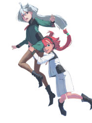 2girls :d akinbo_(hyouka_fuyou) asticassia_school_uniform black_footwear boots brown_eyes brown_pantyhose floating_hair green_eyes green_jacket green_shorts grey_hair gundam gundam_suisei_no_majo hair_between_eyes head_on_ass highres jacket long_hair long_sleeves low_ponytail miorine_rembran multiple_girls open_mouth pantyhose ponytail red_hair school_uniform short_shorts shorts simple_background smile suletta_mercury very_long_hair white_background white_jacket white_shorts