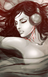 1girl bed_sheet blood closed_eyes dexter_soy female_focus headphones lips monochrome naked_sheet nose original solo spot_color