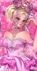 1girl aegyo_sal arm_at_side back_bow bare_shoulders blonde_hair blue_eyes blush border bow bow_earrings breasts choker cleavage clip_studio_paint_(medium) commentary commission crown dress dress_bow earrings english_commentary eyeshadow flower food fruit gold_crown gradient_hair grin hair_bow hand_up heart heart_in_eye heart_necklace highres holding holding_food holding_fruit isoldenz jewelry lace lace-trimmed_bow lace-trimmed_choker lace-trimmed_dress lace-trimmed_sleeves lace_trim looking_at_viewer makeup medium_breasts medium_hair miss_lady_rose multicolored_hair nail_polish necklace off-shoulder_dress off_shoulder outside_border pink_background pink_border pink_bow pink_dress pink_eyeshadow pink_flower pink_hair pink_lips pink_nails pink_rose pink_theme player_character_(roblox) purple_bow purple_choker roblox rose royale_high short_sleeves silver_necklace simple_background smile solo sparkle sparkling_eyes strawberry symbol_in_eye turning_head twintails two-tone_hair upper_body watermark