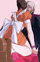 1boy 1girl ace_attorney alternate_costume amikoiiko apollo_justice:_ace_attorney apron back_bow black_shirt blonde_hair blue_pants bow brown_hair brown_shoes closed_eyes collared_dress commentary dark-skinned_male dark_skin dress drill_hair earrings ema_skye english_commentary eyewear_on_head facing_away foot_out_of_frame frilled_apron frills from_behind heart highres jacket jewelry kiss klavier_gavin lapels long_hair maid maid_apron mary_janes medium_hair mismatched_eyebrows no_socks notched_lapels orange_dress pants phoenix_wright:_ace_attorney_-_trials_and_tribulations pink-tinted_eyewear pink_background popped_collar puffy_short_sleeves puffy_sleeves purple_jacket reflective_floor shirt shoes short_dress short_sleeves simple_background single_earring sitting suit_jacket tinted_eyewear tres_bien_maid_uniform white_apron white_bow