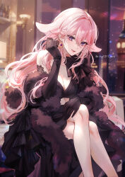 1girl alternate_costume animal_ears black_gloves blurry blurry_background breasts building city_lights cleavage closed_mouth commentary_request contemporary crossed_legs earrings elbow_gloves extra_ears feather_boa feet_out_of_frame floppy_ears fox_ears genshin_impact gloves hand_on_own_knee hand_up highres indoors jewelry kity1211_tetsu large_breasts long_hair looking_at_viewer pink_hair purple_eyes single_bare_shoulder sitting skyscraper smile solo twitter_username very_long_hair window yae_miko