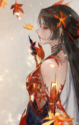 1girl absurdres backless_dress backless_outfit bare_back bare_shoulders black_hair blowing chinese_commentary closed_eyes colored_extremities commentary dress from_side hair_ornament highres kijo_momiji leaf leaf_dress leaf_hair_ornament long_hair maple_leaf multicolored_hair onmyoji parted_lips profile solo streaked_hair upper_body watermark weibo_watermark yangming_li_wan_dianfen_chang