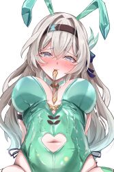 Rule 34 | absurdres, animal ears, blue eyes, blush, breasts, clothing cutout, firefly (honkai: star rail), formal clothes, green suit, grey hair, headband, highres, honkai: star rail, honkai (series), large breasts, leotard, long hair, navel cutout, playboy bunny, rabbit ears, suit, tefutefufu
