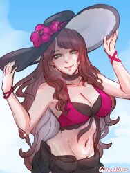 1girl absurdres artist_name bare_shoulders bikini black_bikini black_choker black_hat blue_sky breasts brown_hair choker cleavage closed_mouth cloud cloudy_sky commentary dorothea_arnault dorothea_arnault_(summer) earrings fire_emblem fire_emblem:_three_houses fire_emblem_heroes flower flower_hat green_eyes hands_up hat hat_flower highres jewelry long_hair looking_at_viewer medium_breasts navel nintendo official_alternate_costume purple_flower sarong sky smile solo sun_hat swimsuit twitter_username yumikari07