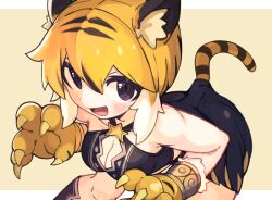 1girl animal_ears animal_hands bent_over black_eyes black_skirt boots breasts brown_background claws cleavage cleavage_cutout clothing_cutout criss-cross_halter fang halterneck ketopon knee_boots looking_at_viewer medium_breasts miniskirt multicolored_hair open_mouth orange_hair original short_hair sidelocks sideways_glance skirt smile star_(symbol) striped_hair tail tiger_ears tiger_girl tiger_paws tiger_stripes tiger_tail white_hair
