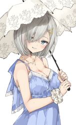 Rule 34 | 1girl, alternate costume, blue dress, blue eyes, breasts, chigasaki yukari, cleavage, commentary request, dress, grey hair, hair ornament, hair over one eye, hairclip, hamakaze (kancolle), highres, holding, holding umbrella, jewelry, kantai collection, looking at viewer, necklace, scrunchie, short hair, simple background, smile, solo, standing, sweat, umbrella, white background, white umbrella, wrist scrunchie