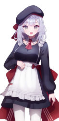 1girl :d absurdres adapted_costume apron black_dress black_hat blunt_bangs blush bow bowtie braid breasts newsboy_cap dress employee_uniform genshin_impact green_eyes grey_hair hat highres kfc long_sleeves medium_breasts noelle_(genshin_impact) noelle_(kfc)_(genshin_impact) open_mouth pantyhose puto_(put_to_) red_bow red_bowtie short_hair simple_background smile white_background white_pantyhose