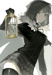 1girl add_(fate) black_gloves black_jacket black_thighhighs cage cape fate_(series) fur-trimmed_cape fur_trim gloves gray_(fate) grey_cape grey_eyes grey_hair highres holding holding_cage hood hood_up jacket plaid_clothes plaid_skirt skirt solo thighhighs tokoni_fusu
