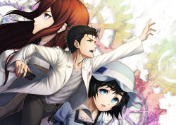 beard_stubble black_hair blue_dress blue_eyes blue_hair bob_cut brown_hair brown_pants cellphone collar collared_shirt dress facial_hair flip_phone frilled_collar frills from_side gears grey_shirt holding holding_phone lab_coat lapels long_hair makise_kurisu notched_lapels okabe_rintarou open_mouth outstretched_arm pants phone puffy_short_sleeves puffy_sleeves purple_eyes purple_trim shiina_mayuri shirt shirt_partially_tucked_in short_sleeves steins;gate stubble taba_neruko teeth tongue upper_teeth_only v-shaped_eyebrows white_shirt yellow_eyes