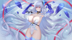 1girl absurdres armpits ayi01 blue_background blue_choker blue_gloves blue_thighhighs breast_strap breasts chest_strap choker cleavage closed_mouth collarbone covered_navel elbow_gloves feather_hair_ornament feathers genshin_impact gloves grey_hair hair_ornament highleg highleg_leotard highres holding holding_ribbon large_breasts leotard long_hair looking_at_viewer pink_eyes red_ribbon ribbon sideless_leotard skirk_(genshin_impact) smile solo standing thighhighs thighs very_long_hair white_leotard