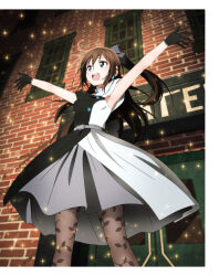 Rule 34 | 1girl, armpits, artbook, belt, black belt, black bow, black dress, black gloves, black pantyhose, blue eyes, bow, brick wall, brown hair, dress, earrings, evening gown, gloves, hair between eyes, hair bow, highres, huge bow, jewelry, lace, lace gloves, lace trim, long hair, love live!, love live! nijigasaki high school idol club, necklace, non-web source, official art, open mouth, osaka shizuku, outstretched arms, pantyhose, sidelocks, sleeveless, sleeveless dress, smile, solitude rain (love live!), solo, two-tone dress, white dress